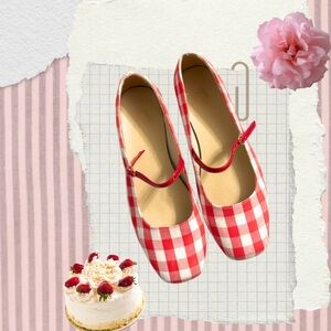 Red Gingham Mary Jane Flats with Strap - Women